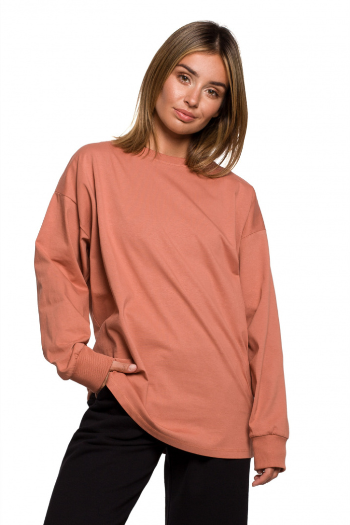 Bluzka Damska - Longsleeve Oversize Z Nadrukiem - ceglasta